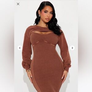 Fashion Nova Cognac Ribbed Asymmetrical Dress 🤎🤎